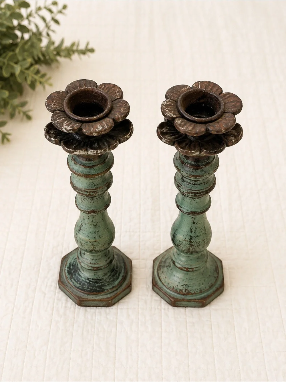 Pair of Candlesticks Vintage Look French Cottage Distressed Green Cottagecore